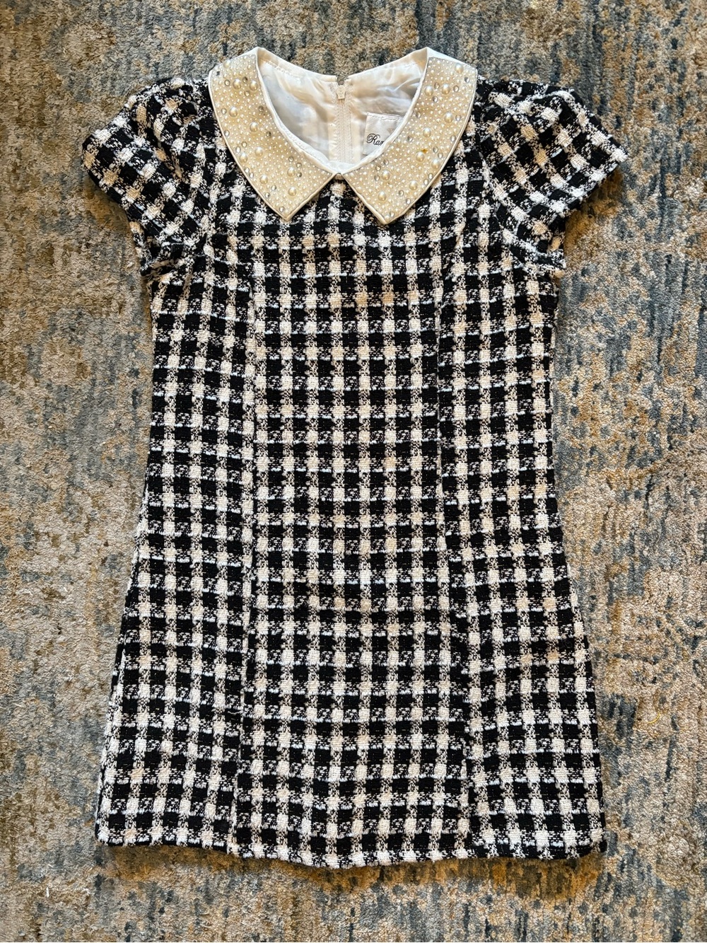 Rare Editions Girls Black & White Check Tweed Dress with Pearl Collar Size 8